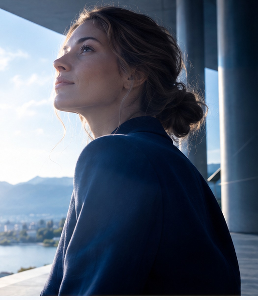 Person in moderner Architektur mit weitem Blick